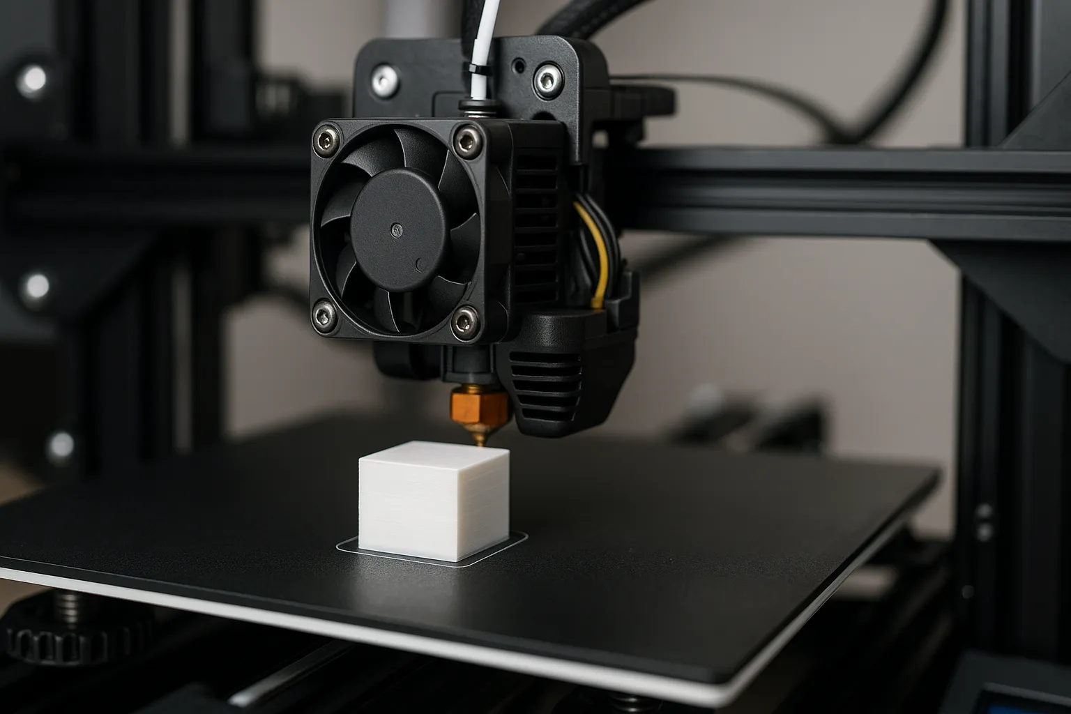 A 3D printer in action, printing a small object.