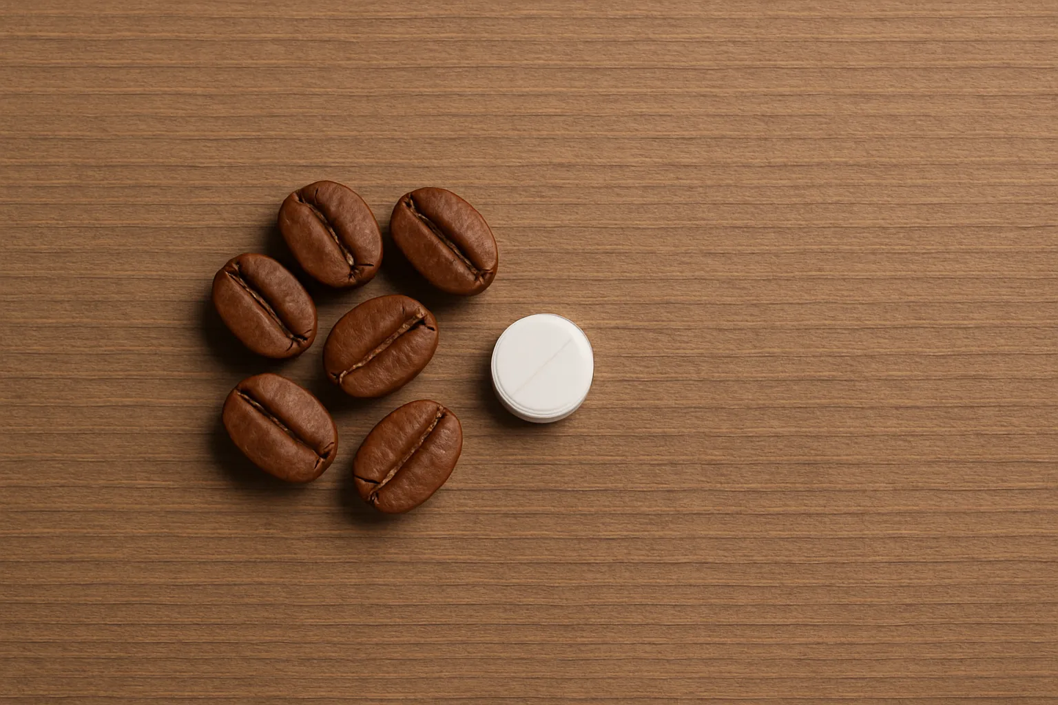Coffee beans and a caffeine pill.