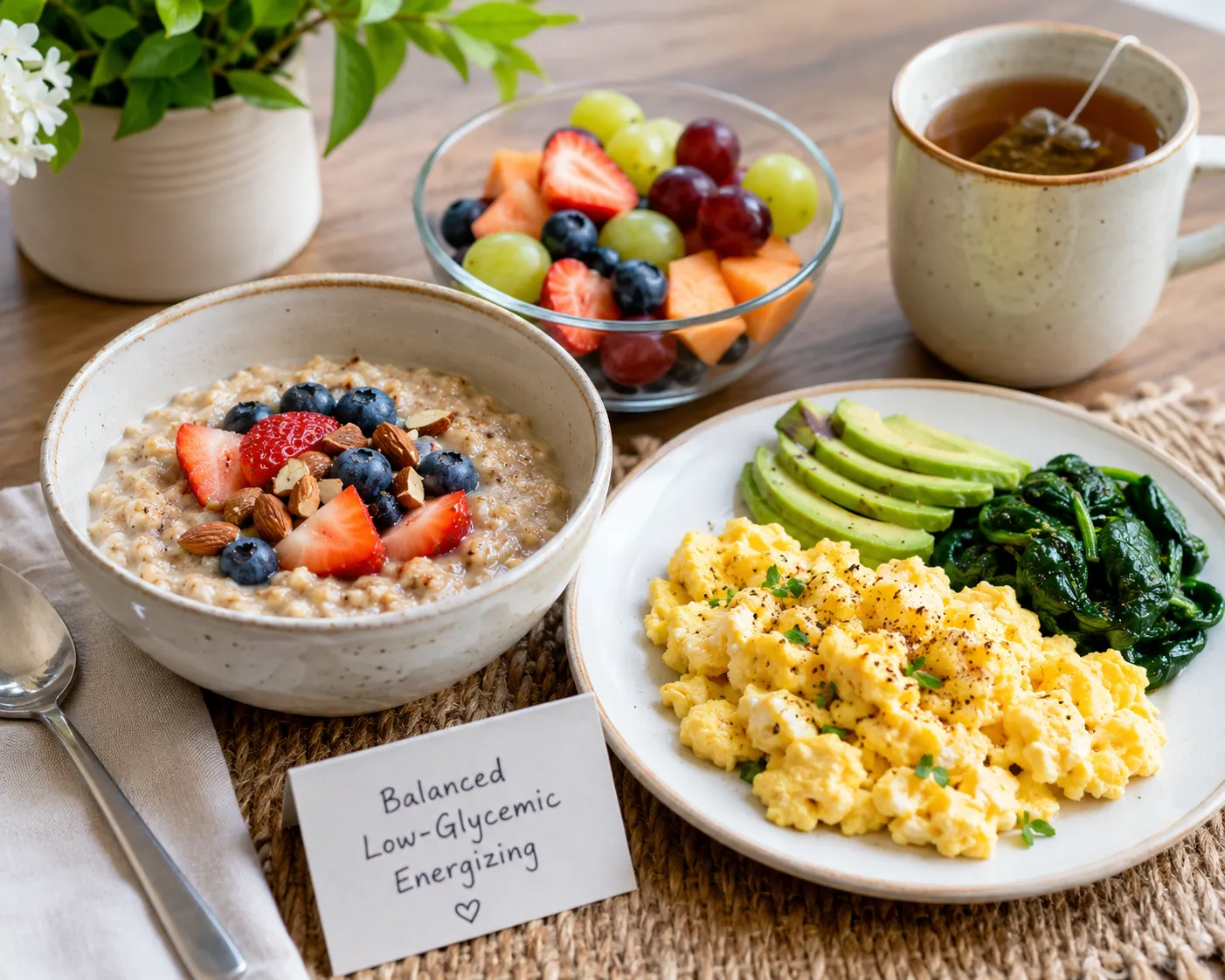 Healthy meals and snacks arranged on a table to illustrate balanced eating for energy and focus