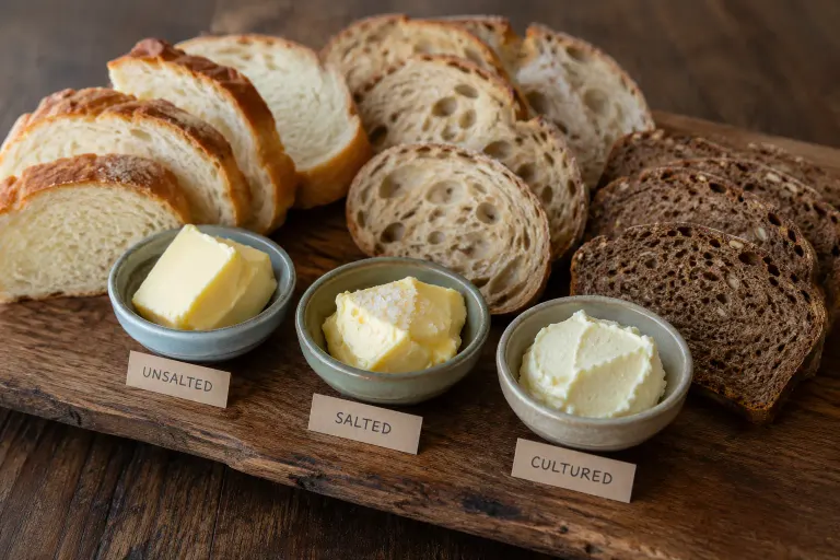 Different breads and butter varieties showcasing how pairings influence flavor.