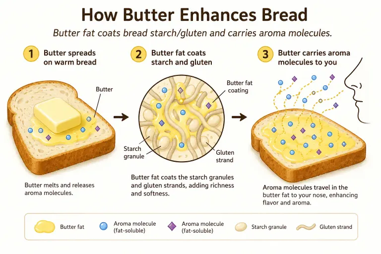 A simple, labeled infographic illustrating the interaction of butter fat coating bread starch/gluten and carrying aroma molecules (schematic, not scientific diagram).