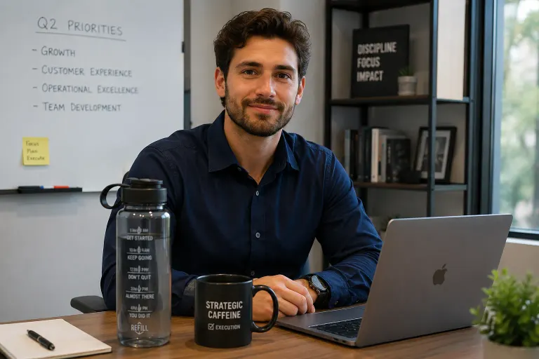 A hydrated and alert office worker with a water bottle and coffee mug on the desk, conveying hydration and strategic caffeine use.