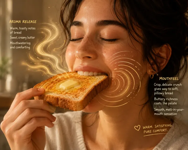 Depiction of aroma release and creamy mouthfeel when eating buttered bread.