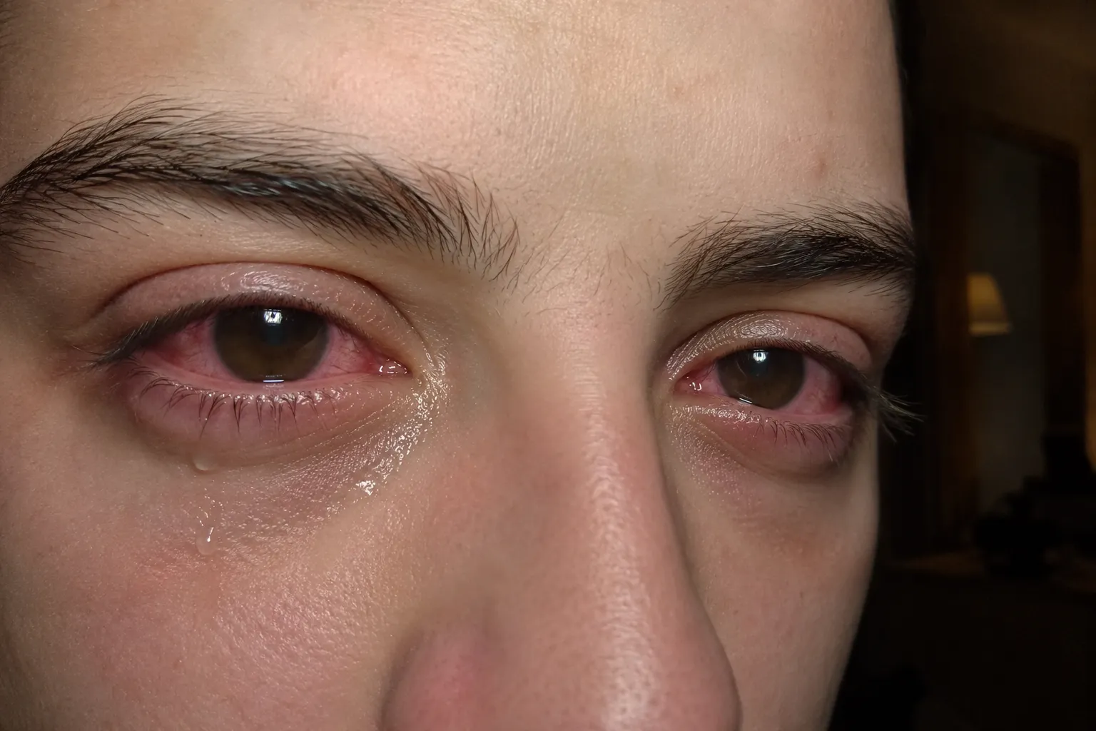 Red, tearing eyes due to acute photokeratitis (snow blindness).