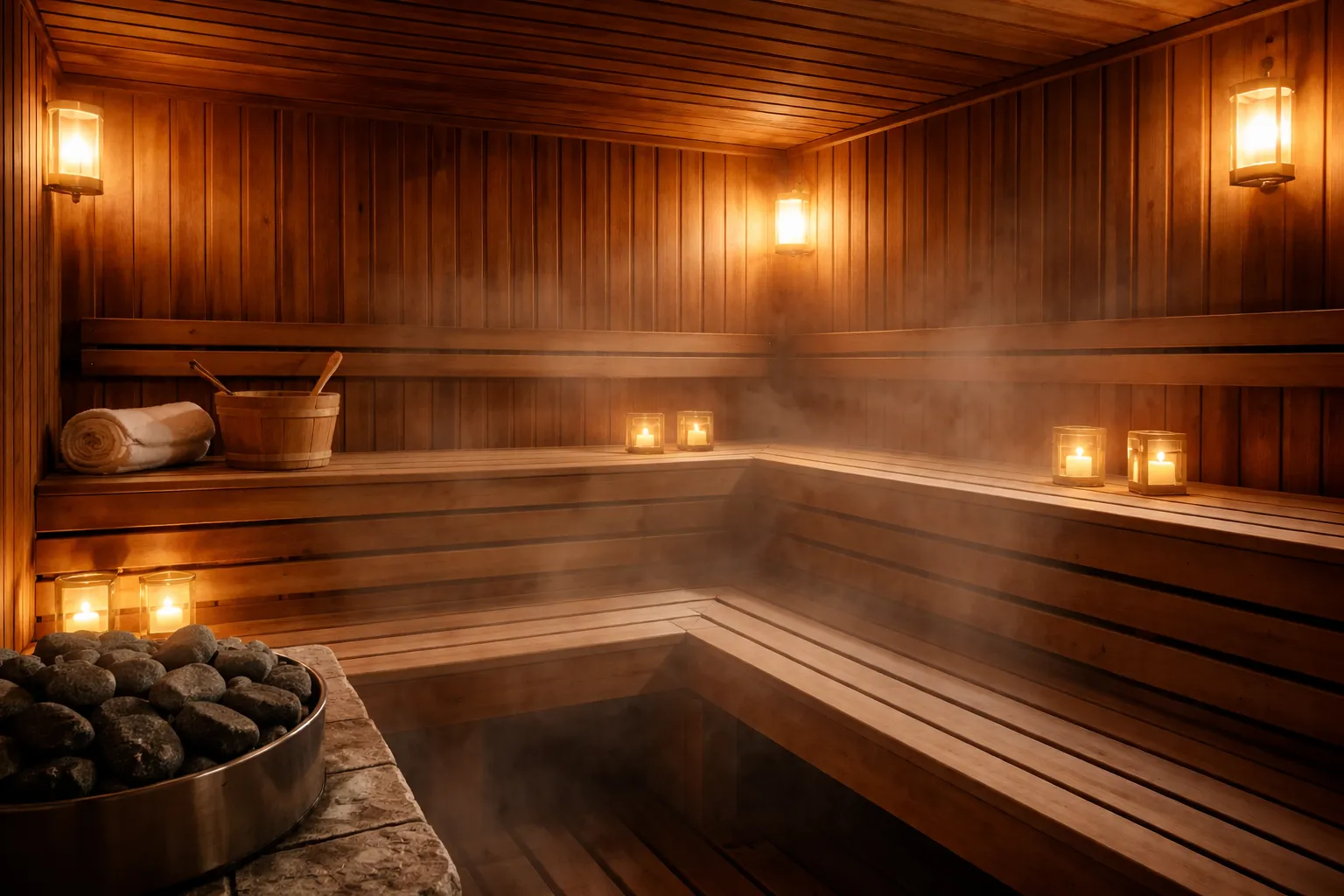 A traditional Finnish sauna with warm wooden interior and steam