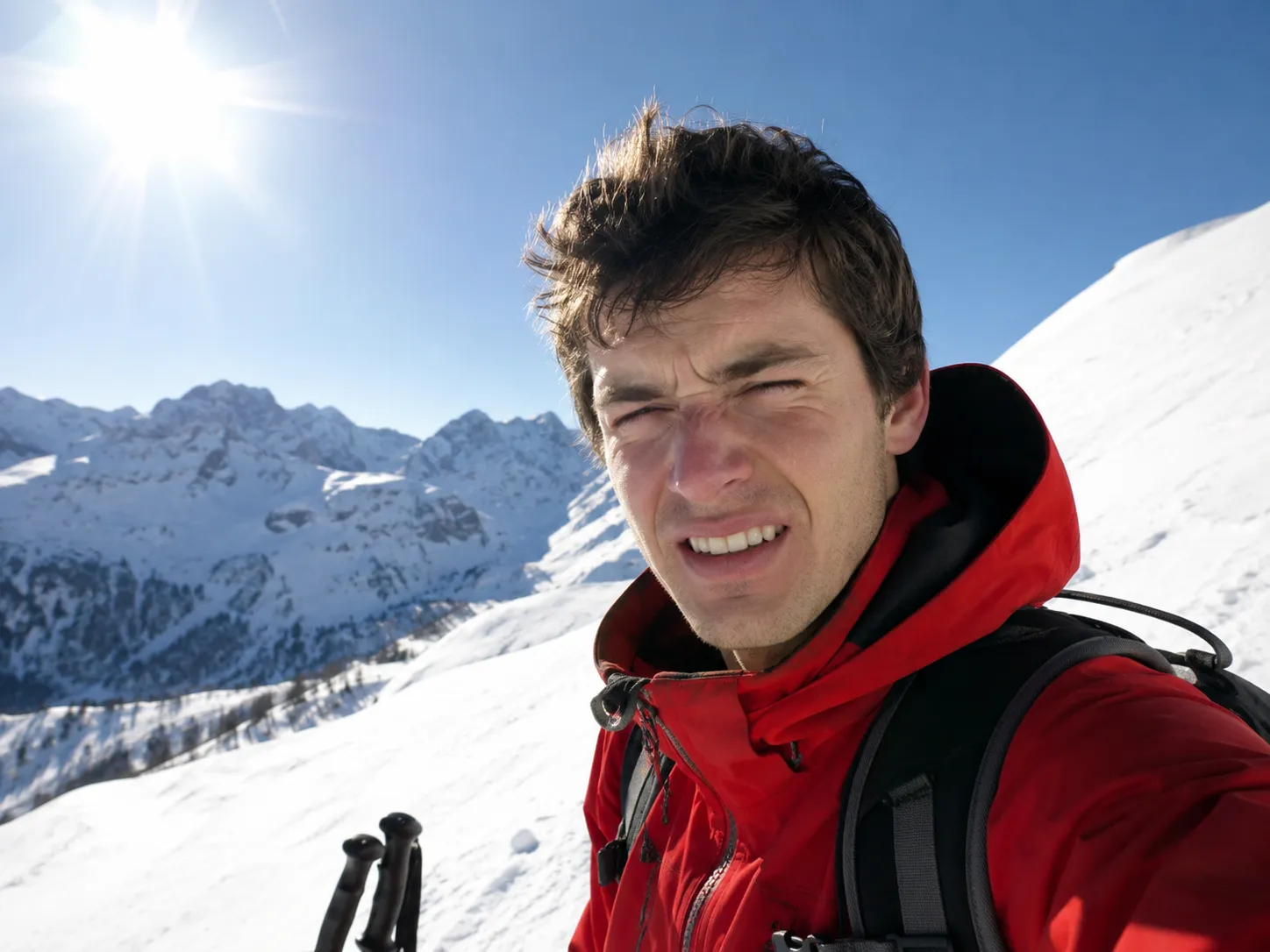 Skier exposed to intense sunlight on snow without protective eyewear.