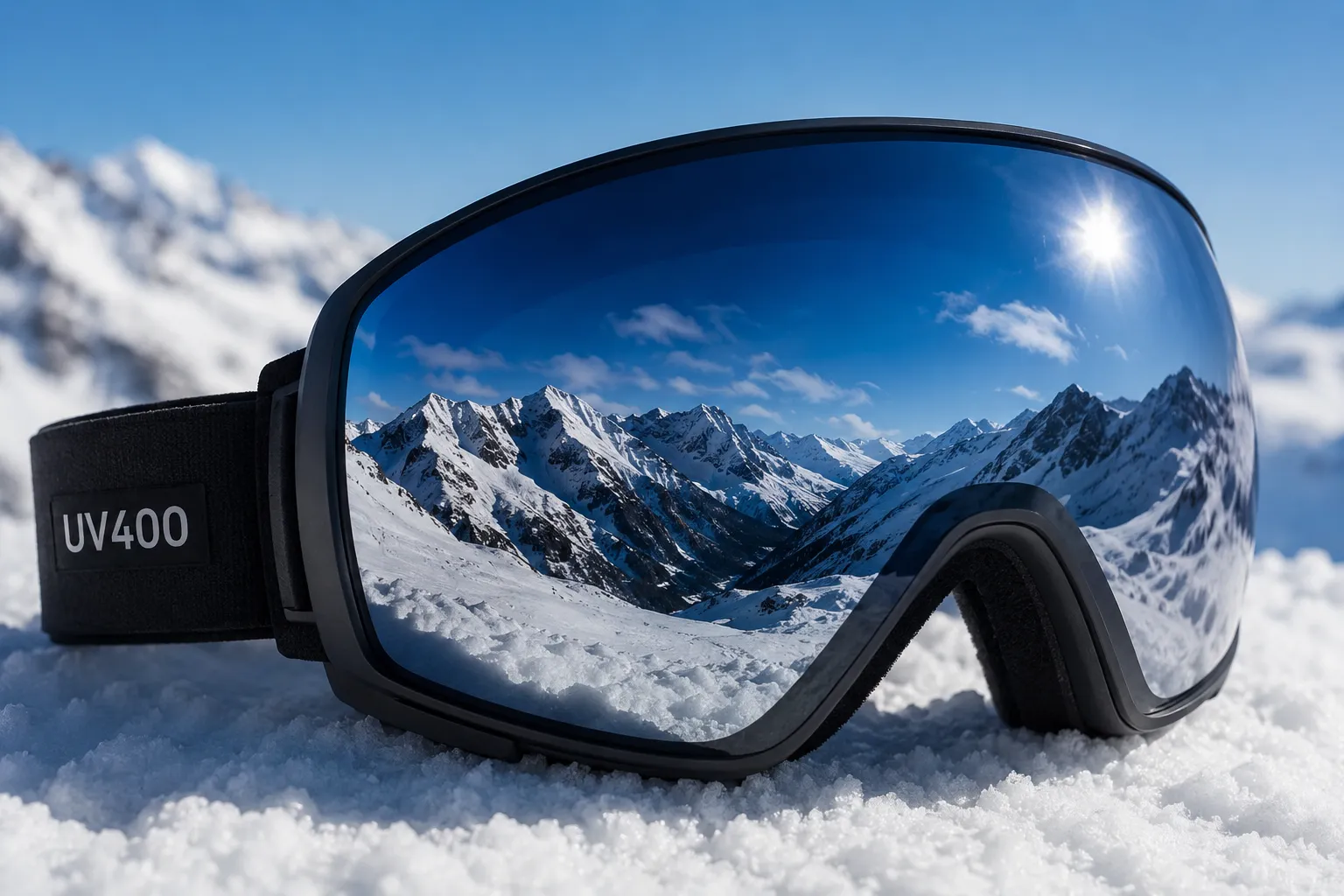 UV400 wrap-around ski goggles reflecting a snowy mountain landscape.